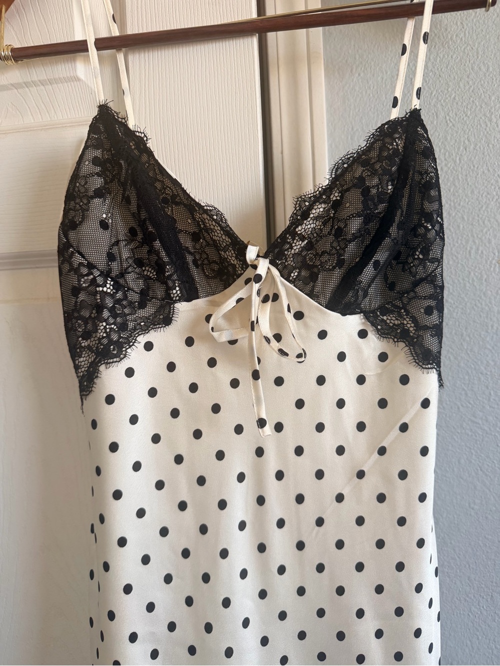 Polka Dot Satin Slip Dress with Black Lace Trim